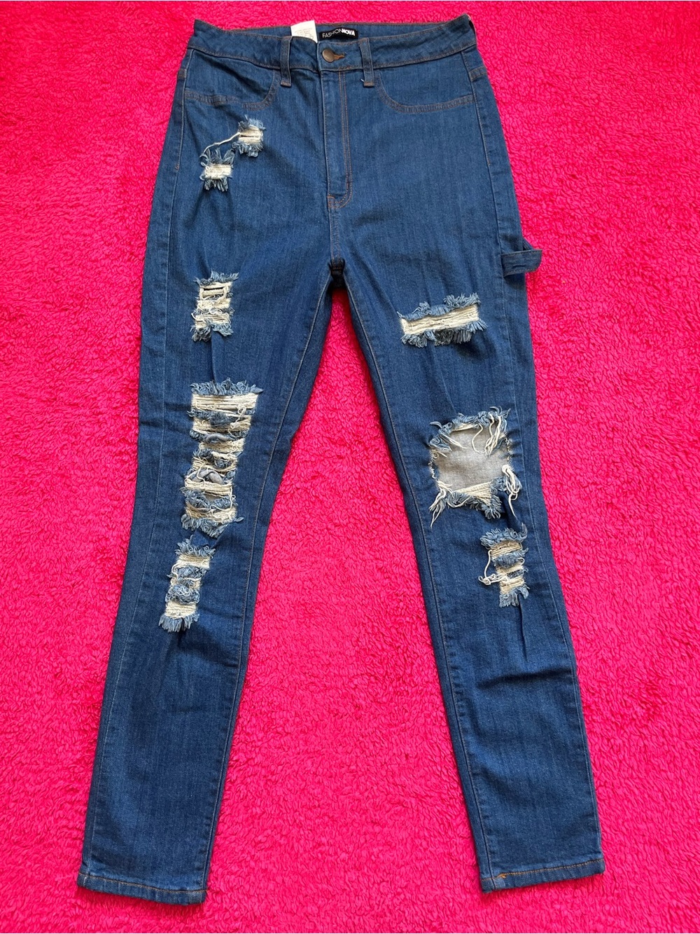 Fashion Nova Dark Blue Distressed Skinny Jeans